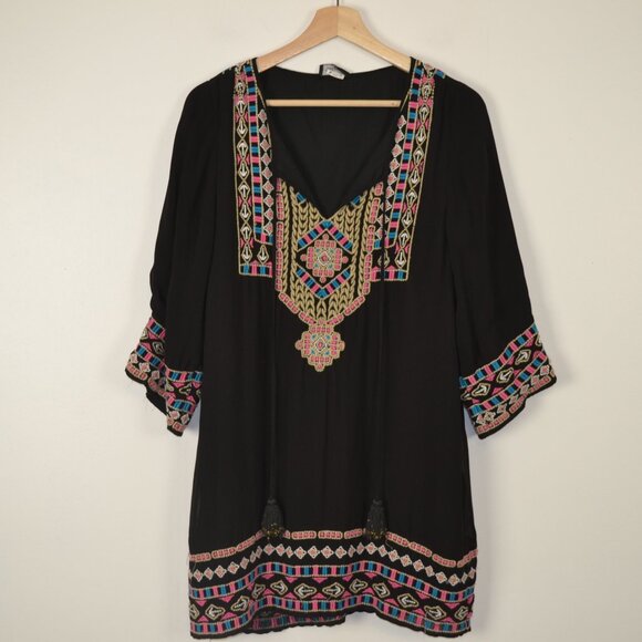 Tolani Embroidered Peasant Boho Art To WearTunic Dress Womens V Neck Tassel Tie - Picture 1 of 9